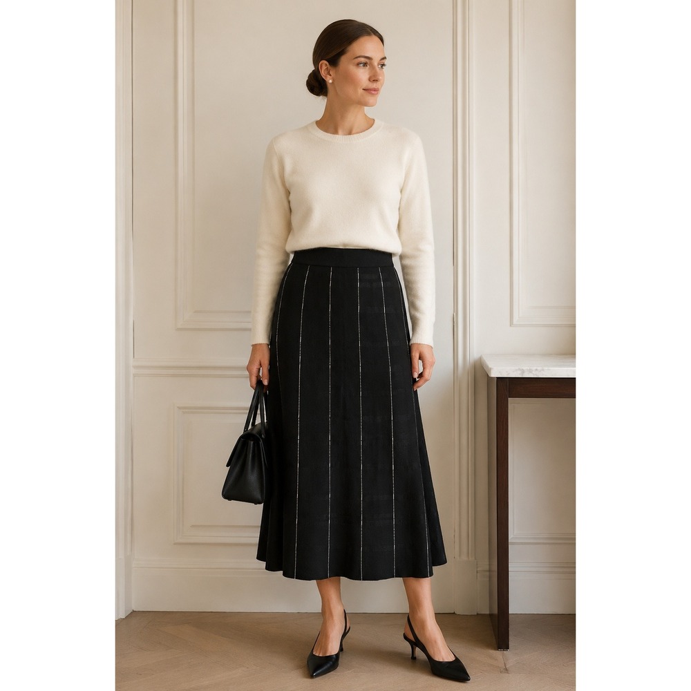 Old Money Quite Luxury Ming Wang Black White Pinstripe Knit Midi XL Skirt XL